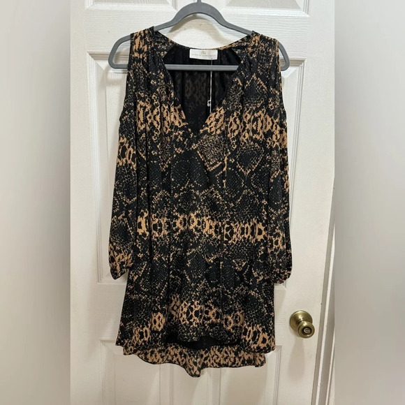 Amanda Uprichard Tan Black Snake Skin Print Dress Shoulder Cut Out Size Small - Picture 1 of 10